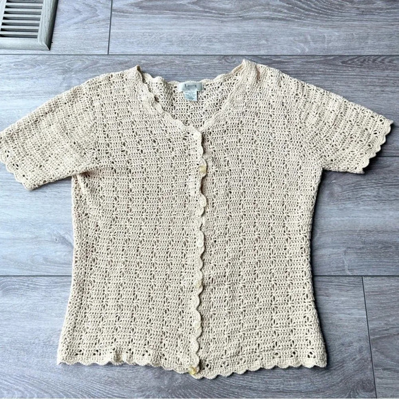 Vintage Laura Petites Crochet Knit Short Sleeve Cardigan Made  in Korea - Picture 4 of 11